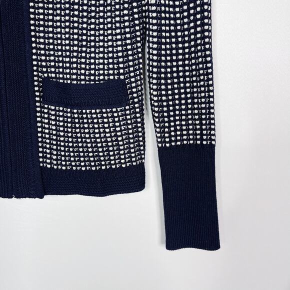 St. John 4 Navy Blue White Textured Knit Cardigan Sweater Zip Front Cotton Wool - Picture 5 of 10